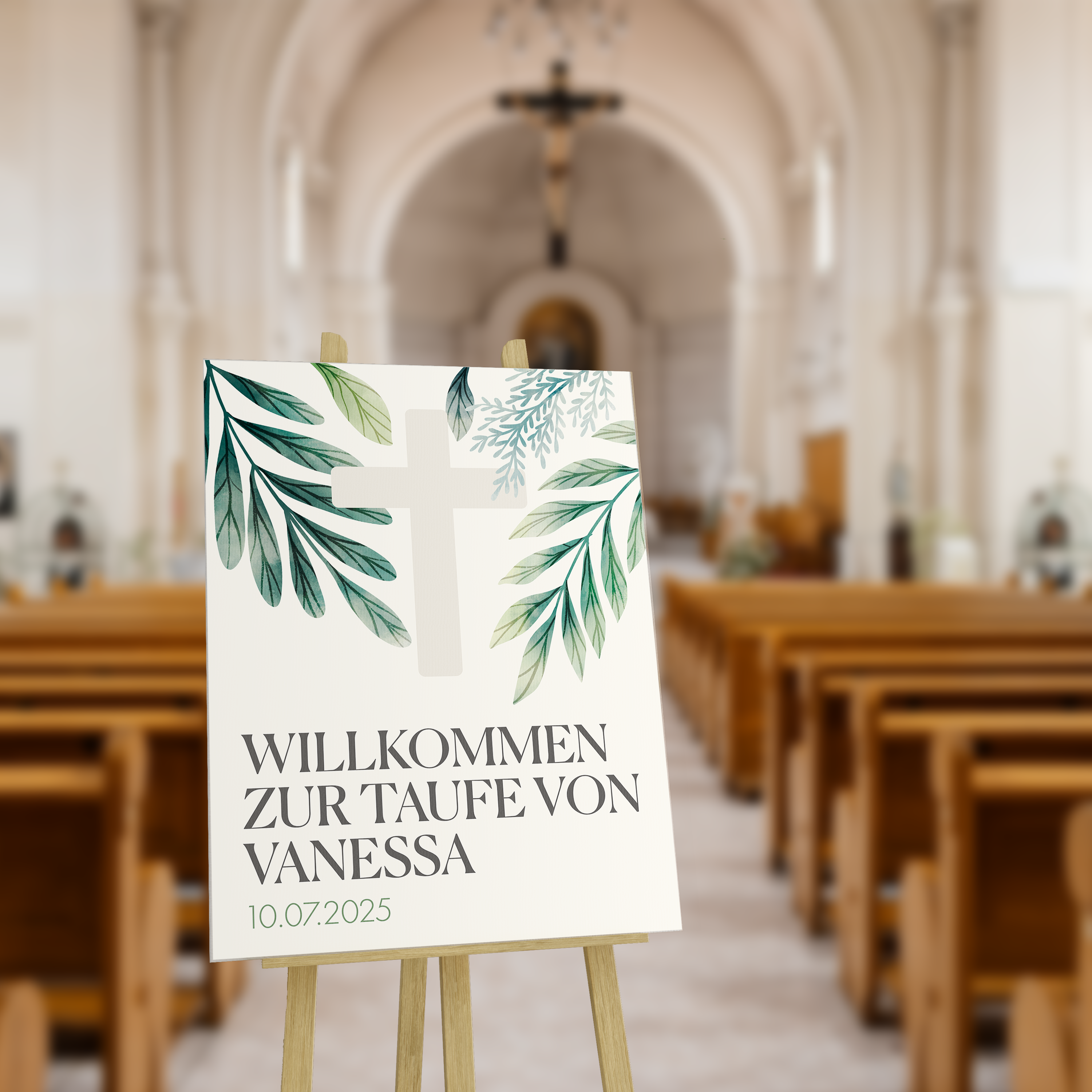 Mockup, Schild PVC zur Taufe weiß mit Kreuz 